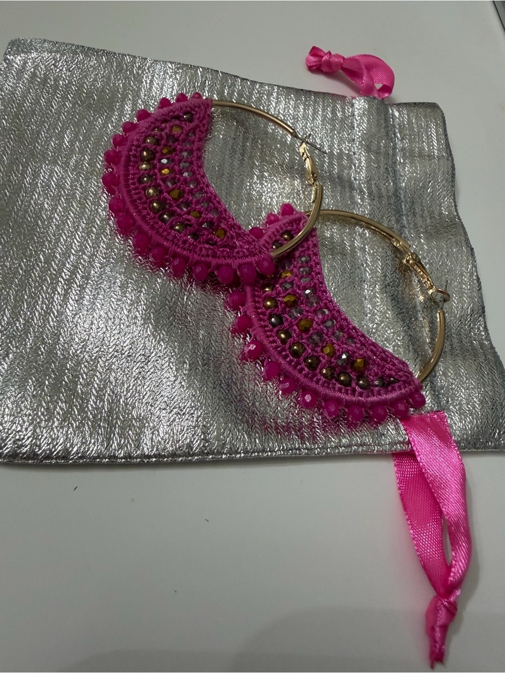 Lilly Pulitzer Bougainvillea Pink Crochet Beaded Hoop Earrings